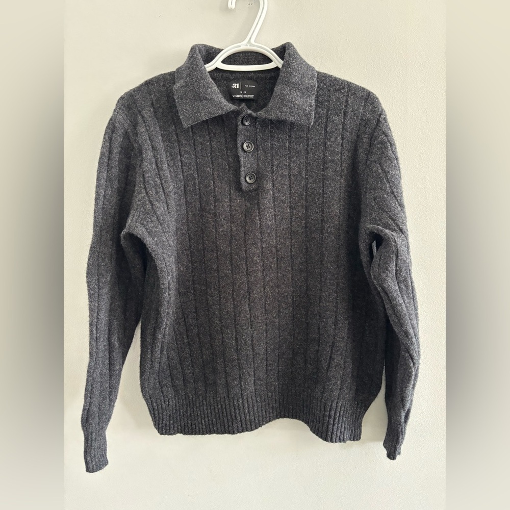 Le 31 Men's Gray Rib Knit Collar Sweater Casual Button Polo 100% Merino Wool M